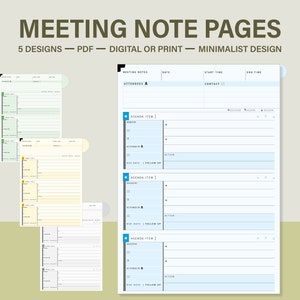 Puede incluir: Una plantilla de p&aacute;gina de notas de reuni&oacute;n imprimible con un dise&ntilde;o minimalista. La p&aacute;gina incluye secciones para notas de reuni&oacute;n, asistentes, puntos de la agenda, acciones a realizar, fechas de vencimiento y seguimientos. La plantilla est&aacute; disponible en formato PDF y se puede utilizar para fines digitales o impresos.