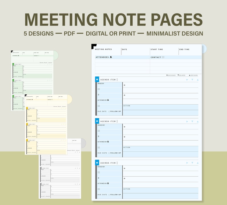 Puede incluir: Una plantilla de p&aacute;gina de notas de reuni&oacute;n imprimible con un dise&ntilde;o minimalista. La p&aacute;gina incluye secciones para notas de reuni&oacute;n, asistentes, puntos de la agenda, acciones a realizar, fechas de vencimiento y seguimientos. La plantilla est&aacute; disponible en formato PDF y se puede utilizar para fines digitales o impresos.
