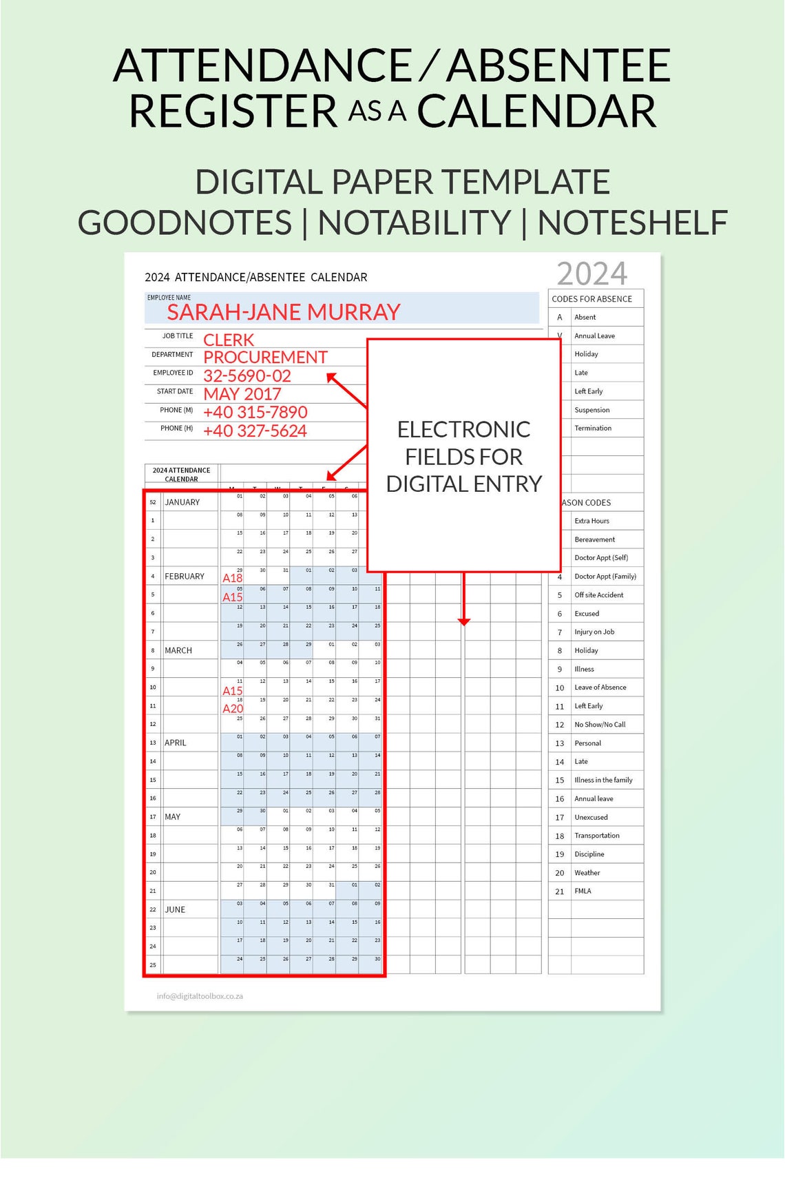 2024 PDF Employee Attendance Absentee Calendar/tracker for HR, School