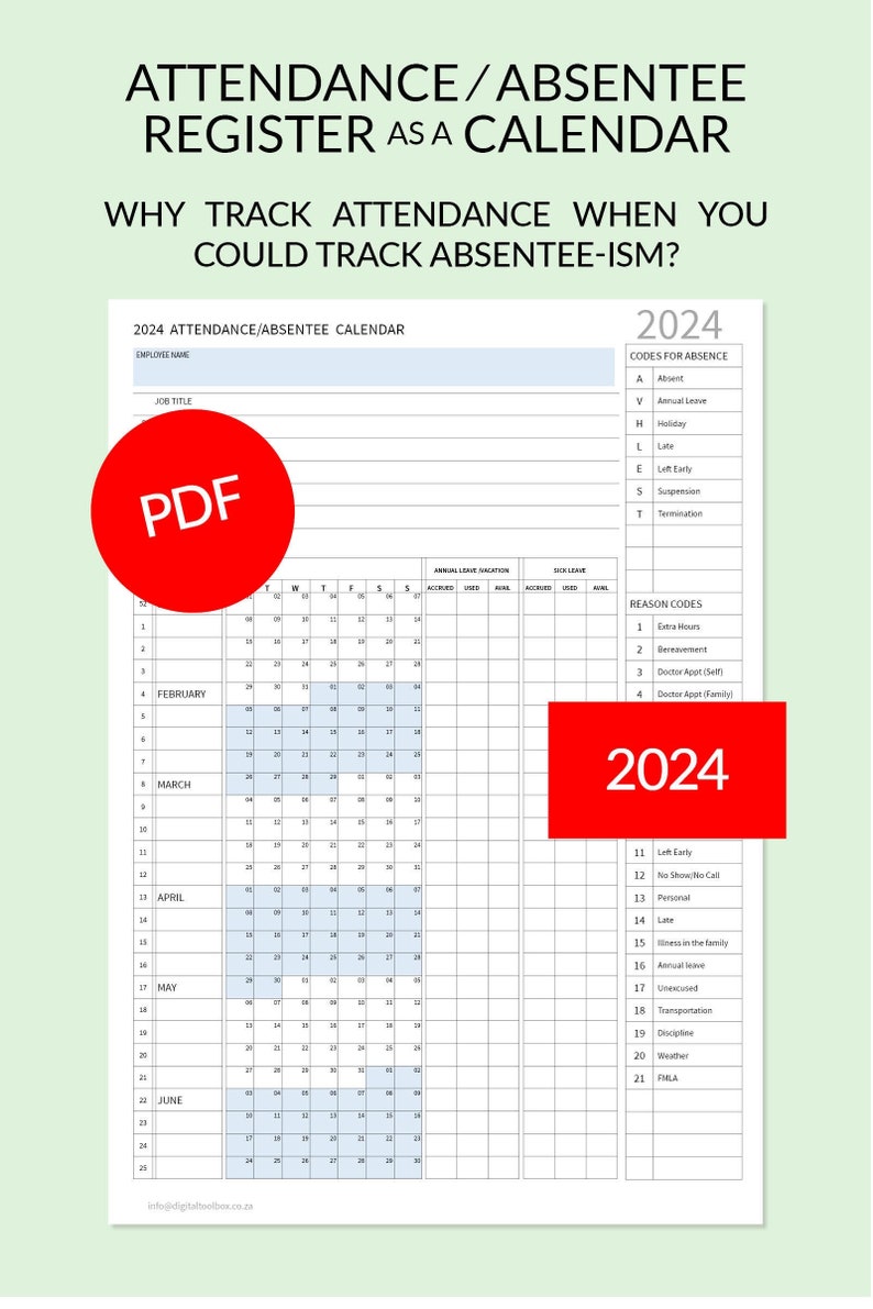 2024 PDF Employee Attendance Absentee Calendar/tracker for HR, School