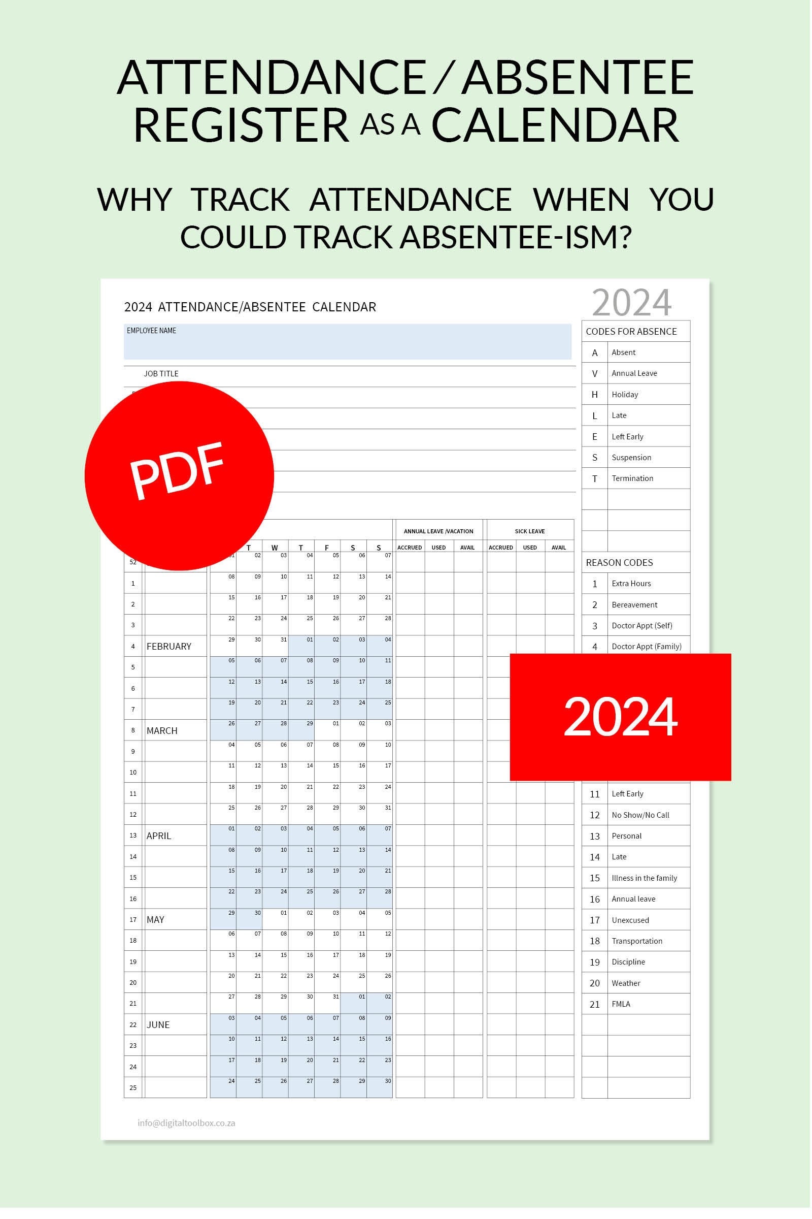 2024 Yearly Attendance Calendar Fillable And Print And, 59 OFF