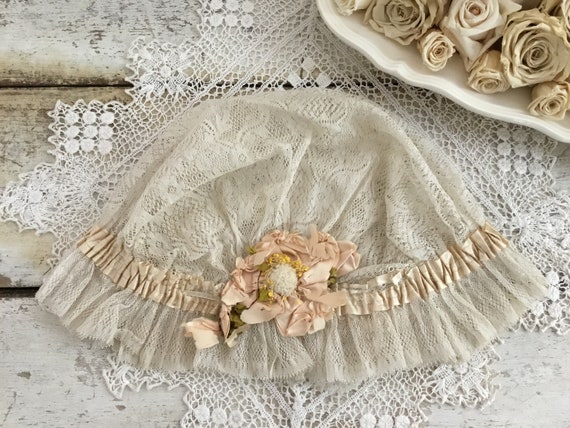 Antique Lace Bonnet w/ Millinery Flower