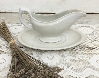 Stained Ironstone Gravy Boat & Under Plate