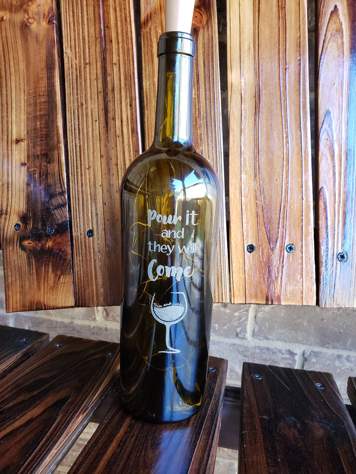 Etched Wine Bottled With Lights / Custom Etched Wine Bottle / Etsy