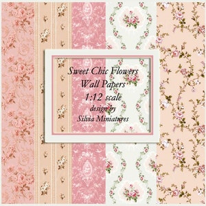 Dollhouse Wall Paper Sweet Chic Flowers, scale 1:12. Digital Download