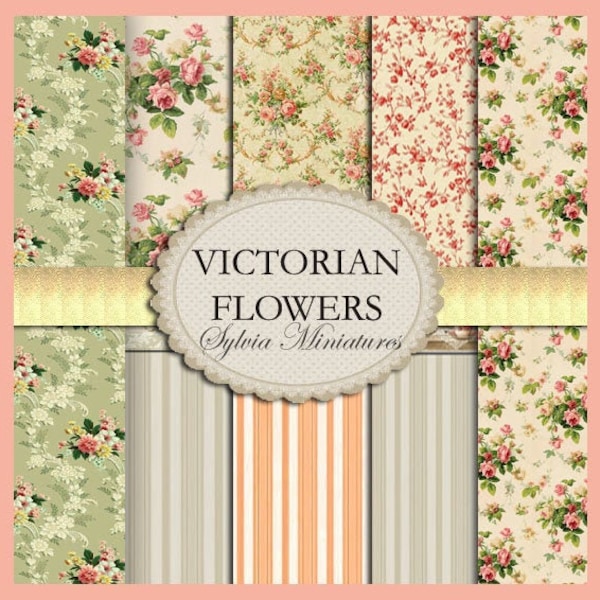 Wall Paper for Dollhouse Collection VICTORIAN FLOWERS. Digital Download. Scale 1:12