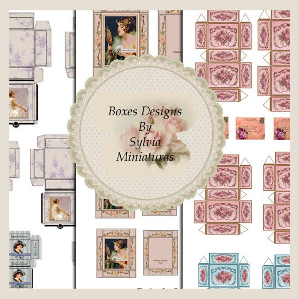 Dollhouses Boxes Paper Digital Download 5 sheets, 4different Designs, scale 1.12