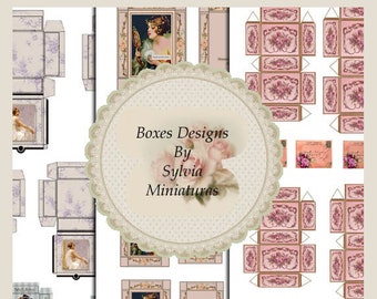 Casas de muñecas Cajas Papel Digital Descargar 5 hojas, 4 diseños diferentes, escala 1.12