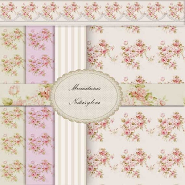 Shabby Chic Roses Wall Paper for Dollhouse scale 1:12 Digital Download