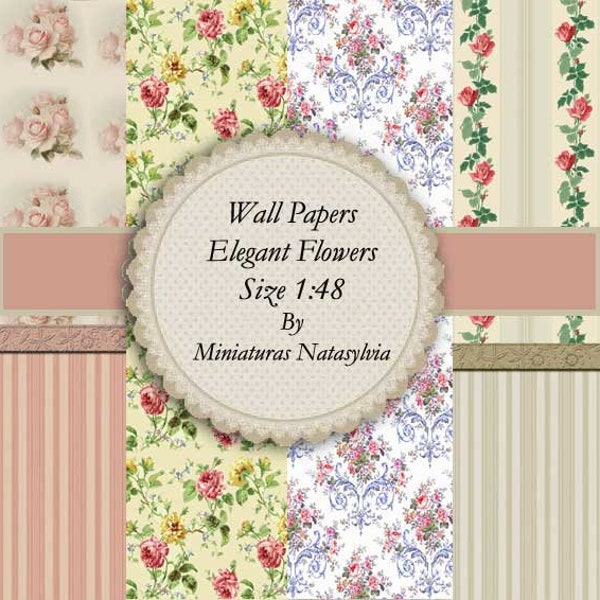 Wall Paper for Dollhouse Collection Provence Roses. Digital Download. Scale 1:48. High resolution.
