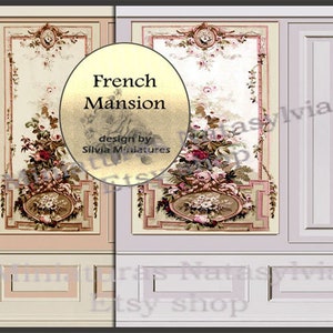 May include: Two panels with a French mansion design. The panels feature floral arrangements in shades of pink, red, and cream, with ornate frames and the text "French Mansion" in a gold circle. The design is by Silvia Miniatures.