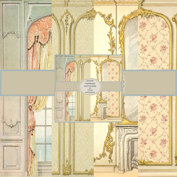WALL PAPERS for DOLLHOUSES Collection French Chateau, pannels scale 1.12. Five wall papers. Digital download