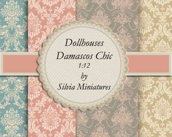 Wall Paper for Dollhouse Collection Damascos Chic. Digital Download. Scale 1:12