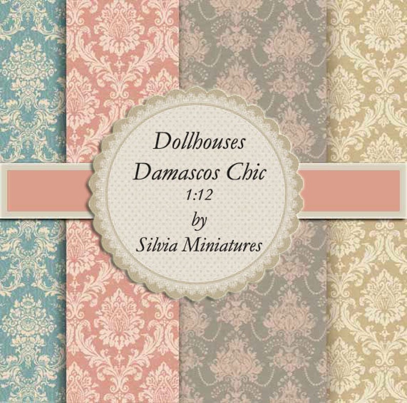 Wall Paper for Dollhouse Collection Damascos Chic. Digital Download. Scale 1:12 image 1