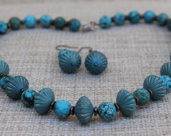 Turquoise blue green gold etched necklace