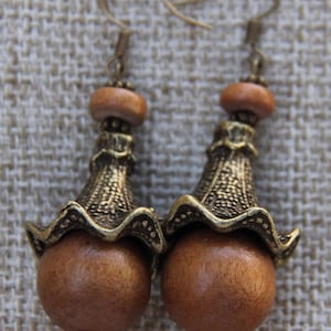 Brass wood intricate bead cone red green pink mustard earrings