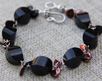 Black Onyx and Czech glass copper petal bracelet