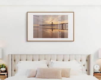 Foto do pôr do sol no píer de Huntington Beach, decoração de casa de praia na Califórnia.