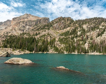 impresión fotográfica del Parque Nacional de las Montañas Rocosas del lago haiyaha, impresiones fotográficas de Colorado, fotografía de parques nacionales, fotografía de viajes