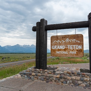 Grand Teton national park sign, wall art, nature photography, Wyoming, home decor, mountains, canvas metal photo print gift, nps, gift