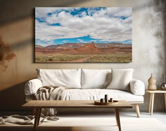 Impression photo Mexican Hat Utah, photographie du désert de l’Utah, photo de roche rouge, décoration intérieure, photographie d’art, photo de paysage, art mural nuageux