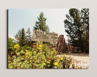 signo del parque nacional de las Montañas Rocosas, arte de la pared, fotografía de la naturaleza, Wyoming, decoración del hogar, montañas, regalo de impresión fotográfica de metal de lienzo, nps, regalo