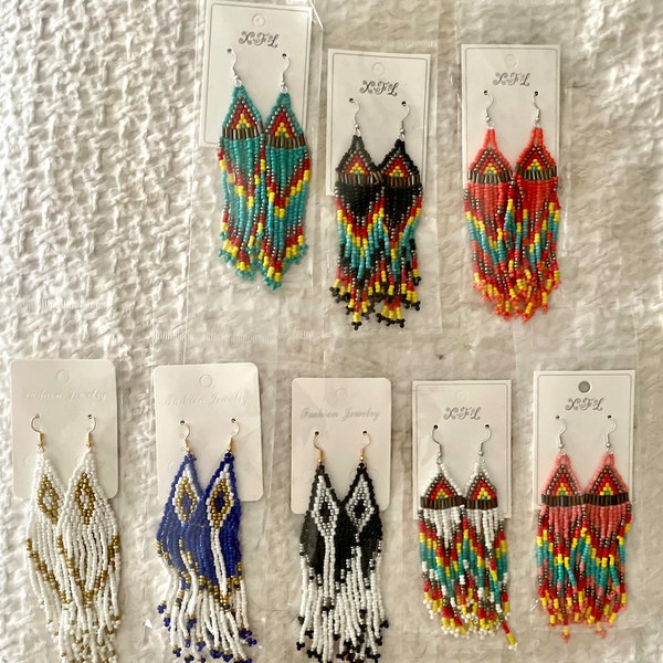 Handmade Native / Indigenous Long Tassel Earrings with Resin and Glass Seeds Beaded