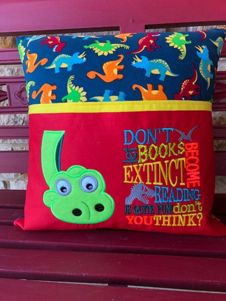 Dinosaur Reading Pillow With Pocket Machine Embroidered Etsy