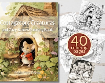 Cottagecore Creatures Coloring Book - 40 greyscale images (original and light) of mice, mushrooms, hedgehogs, frogs, and more