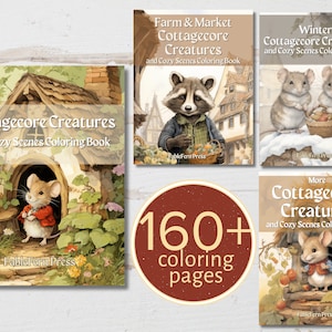 BUNDLE of 160+ coloring pages -- All Cottagecore Creatures Coloring Books, original & light grayscale of current and future books in series