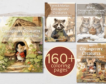 BUNDLE of 160+ coloring pages -- All Cottagecore Creatures Coloring Books, original & light grayscale of current and future books in series