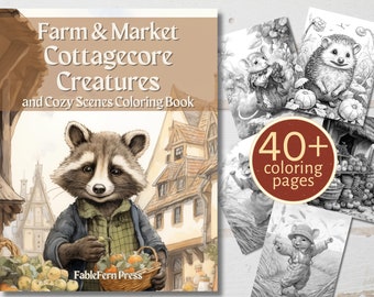 Kleurplaten Cottagecore Creatures, boerderij- en marktscènes volwassen kleurboek (digitaal pdf-bestand)