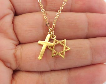 Cross and jewish star necklace sale