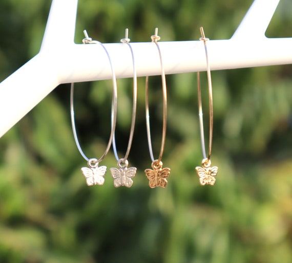 Tiny Butterfly Earrings, Butterfly Hoop Earrings, Thin and dainty Hoops, Nature Jewelry, Gold Butterfly Earrings, Silver Butterfly Earrings.