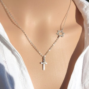 Collar de Estrella de David con Cruz, Collar de Cruz con Magen David, Collar de Estrella de David de Plata, Estrella de David Mesiánica y Cruz, Regalo.