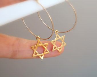 Star of David Earrings, Gold Star of David Hoop Earrings, Gold Jewish Star, Jewish Jewelry, Gold Hoop Earrings, Magen David Earrings, Israel