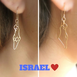 Boucles d'oreilles Israël, Boucles d'oreilles carte d'Israël, Pendentif pays, Bijoux juifs, Judaica, Pendentif en forme d'Israël, Boucles d'oreilles Terre Sainte, Cadeau unique.