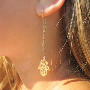 Hamsa Earrings, Hamsa Hand Thread Earrings, Gold Filled Threader Earrings, Fall Earrings, Hamsa Jewelry, Evil Eye Earrings, Luck Charm, Gift