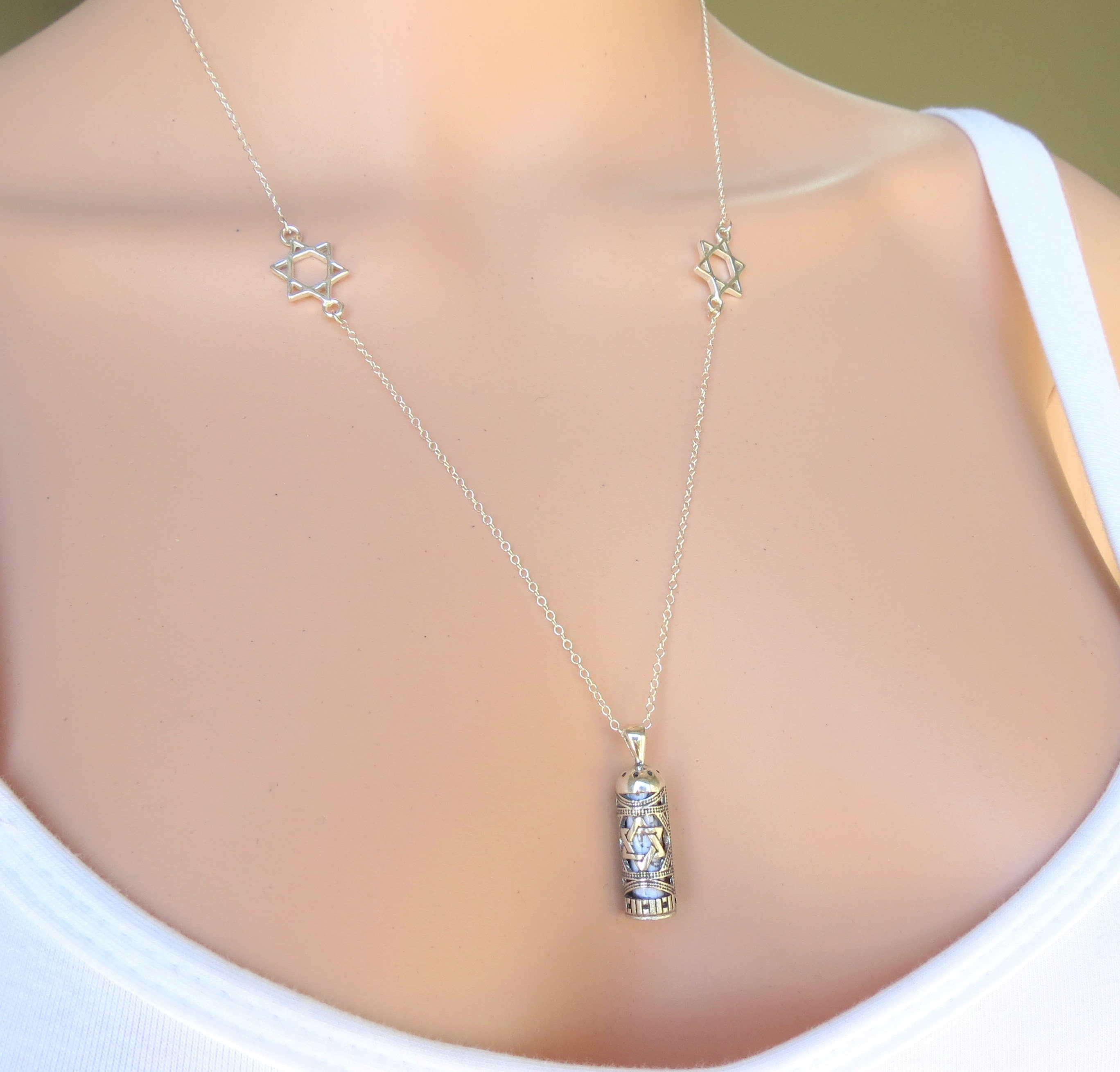 Mezuzah Necklace Sterling Silver Mezuzah Pendant Jewish Star Etsy