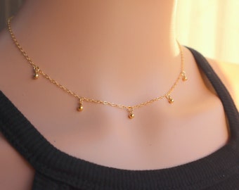 Minimalist Dangling Tiny Balls Choker Necklace, Tiny Beads Necklace, Silver Tiny Balls Choker, Circle Necklace, Trendy Choker, Gold Chocker.