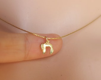 May include: A delicate gold-colored necklace featuring a small pendant in the shape of the Hebrew letter "Chai." The pendant is suspended from a thin, gold chain. The necklace is shown against a skin-toned background.