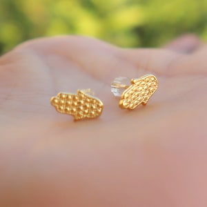 Hamsa Earrings, Gold Filled Hamsa Stud Earrings, Evil Eye Earrings, Hamsa Heand Earrings, Hamsa Jewelry, Tiny Hamsa Post, Little Gold Hamsa.
