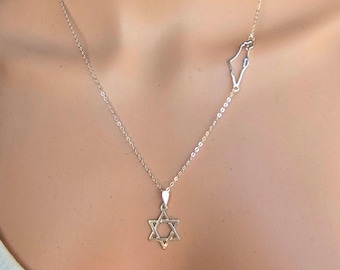 ISRAEL Map Necklace, Israel Necklace, Jewish Jewelry, Holy land Necklace, Jewish Gift, Bat Mitzva Gift, Judaica Jewelry, Jewish Star, Gift.