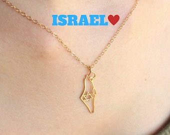 ISRAEL Map Necklace, Israel Necklace, Jewish Jewelry, Holy land Necklace, Jewish Gift, Bat Mitzva Gift, Judaica Jewelry, Jewish Star, Gift.