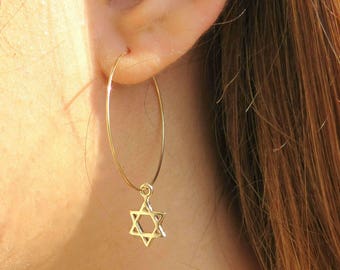 Star of David Earrings, Gold Star of David Hoop Earrings, Gold Jewish Star, Jewish Jewelry, Gold Hoop Earrings, Magen David Earrings, Israel
