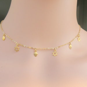 Collar estrella de David, collar de gargantilla estrella dorada de David, collar pequeña estrella de David, joyería judía, collar diminuto Hamsa, estrella de David.