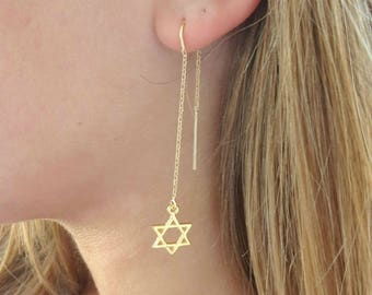 Star Of David Earrings, Jewish Star Thread Earrings, Gold Filled Threader Earrings, Fall Earrings, Jewish Jewelry, Gold Magen David Earrings