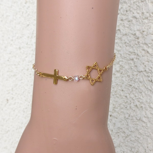 Bracelet croix messianique étoile de David en or, croix avec bracelet Magen David, croix étoile juive, bracelet étoile messianique de David, Crucific.