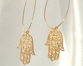Gold Hamsa Hoop Earrings ,Large Hamsa Earrings, Hand Earrings, Fatima Hand Earrings, Gold Hamsa Hand Earrings, Sterling Silver Hamsa, Gift.