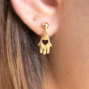 Hamsa Earrings, Gold Hamsa Stud Earrings, Evil Eye Earrings, Hamsa Heart Earrings, Hamsa Jewelry, Tiny Hamsa Posts, Little Gold Hamsa Hand.